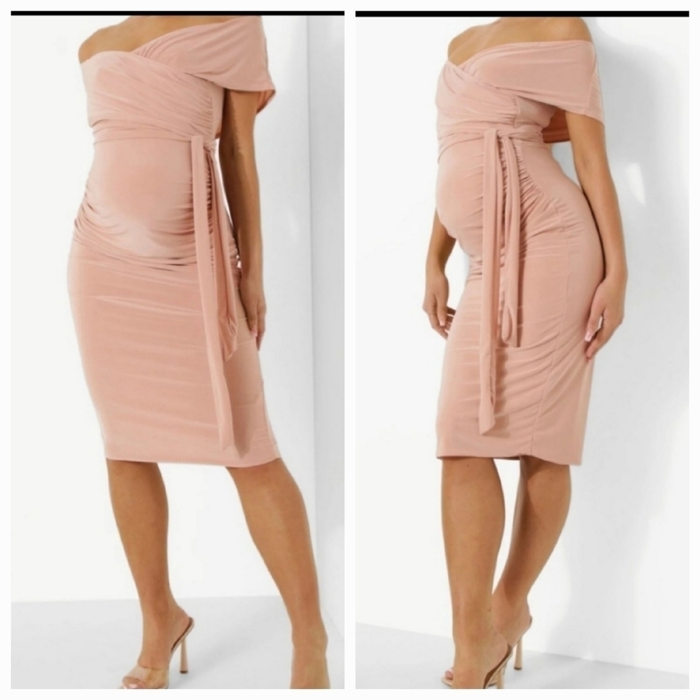 BOOHO Maternity Off The Shoulder Tie Waist Dress Size 10